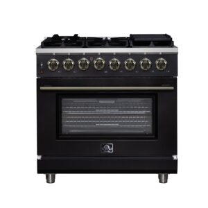 Forno Massimo 36 Inch Freestanding Dual Fuel Range in Black with Antique Brass Accessories, 6 Burners, 5.36 cu. ft. Convection Oven