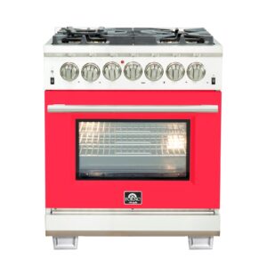 Forno Capriasca 30-Inch Freestanding Dual Fuel Range, 4 Burners, True Convection Oven, Red Door