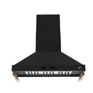 Forno Venezia 48 Inch Wall-Mounted Range Hood in Black with Antique Brass Accessories, Touch Controls and Baffle Filters