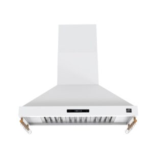 Forno Venezia 48 Inch Wall-Mounted Range Hood in White with Antique Brass Accessories, Touch Controls and Baffle Filters
