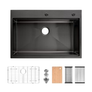 Stainless Steel Kitchen Sink, 33″x22″ Single Bowl, Overmount Handmade Sink in Black, with Cutting Board, Colander, Grid, SS-BL-01