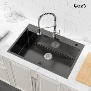 Stainless Steel Kitchen Sink, 30″x22″ Single Bowl, Overmount Handmade Sink in Brushed, with Cutting Board, Colander, SS-BR01D-302208