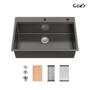 Stainless Steel Kitchen Sink, 33″x22″ Single Bowl, Overmount Handmade Sink in Black, with Cutting Board, Colander, SS-BL01D-332208-2