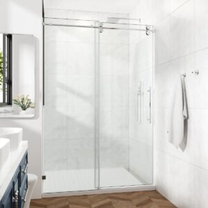62-67" W X 76" H Frameless Single Sliding Shower Door with 3/8" (10mm) Clear Tempered Glass, Shatter-Resistant Film